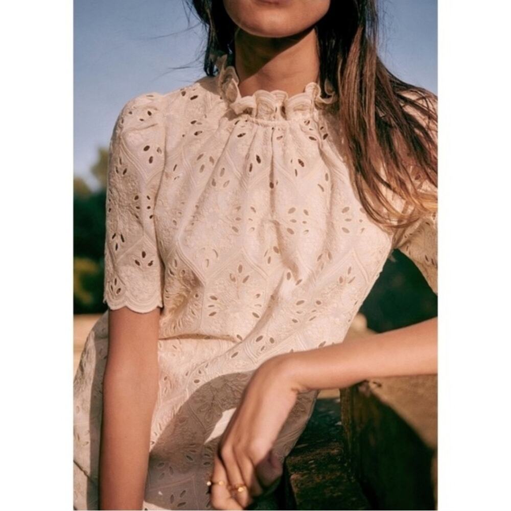 Sezane Cream White Floral Mini Louison Eyelet Embroidered Dress in Ecru Size 34 - Picture 5 of 16